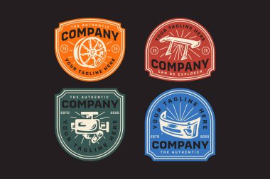 Çoklu konuşma, dahili motor, yüksek spoiler yarışı, ön tampon, araba tekerleği kenarı, otomotiv, garaj, atölye, araç, özel servis, tamir için retro rozet vektör tasarım koleksiyonu