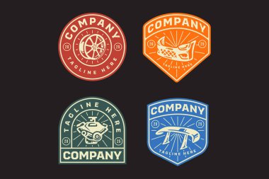 Split spoke, spor tamponu, dudak spikeri yarışı, boxer motor, otomobil tekerleği kenarı, otomotiv, garaj, atölye, araç, özel servis, tamir için araba motorlu retro rozet vektör tasarımı koleksiyonu