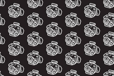 Siyah arkaplandaki dairesel motor hattı kusursuz desen. Otomotiv motoru kabartma desenli arka plan. Garaj, atölye, otomobil temizleme ürünleri için otomobil motorlu kuluçka motif duvar kağıdı