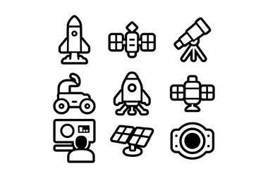 Uzay keşif ikonu ayarlandı. Galaksi ekipman sembolü koleksiyonu. Astronomi vites çizim paketi. Roket, Uydu, Uzay İstasyonu, Gezgin, Ay İniş Aracı, Teleskop, Kontrol, Güneş paneli, Kenetlenme Limanı