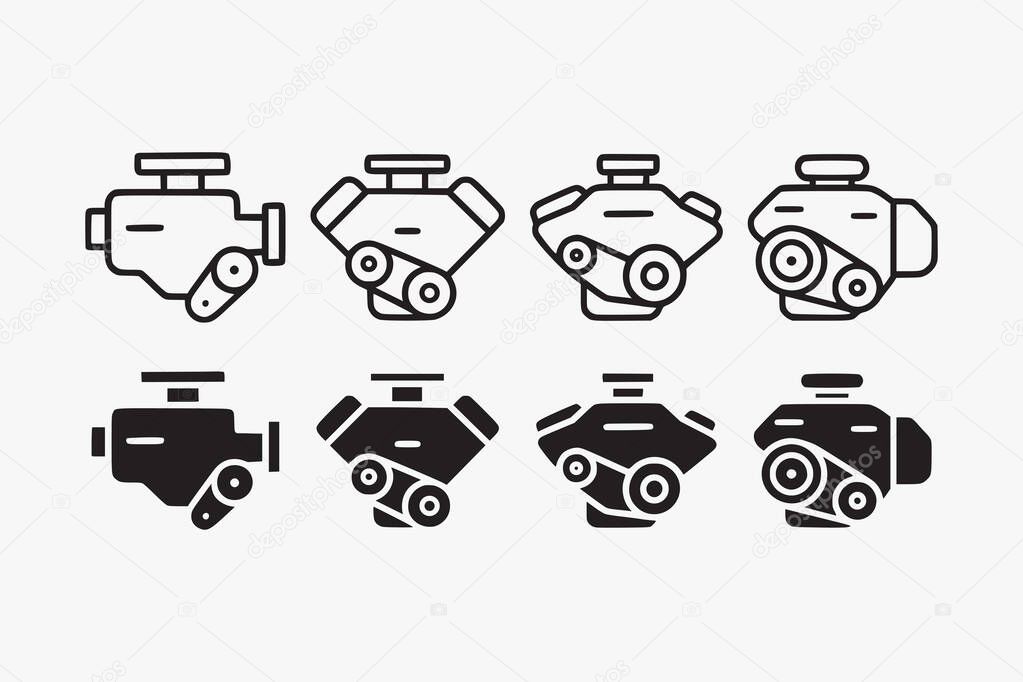 Automotive engine icon set in outline and filled style for garage, workshop and repair. car engine parts silhouette collection. car motor element designs with inline, v, boxer, rotary type