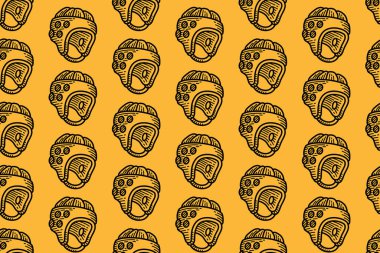 Sarı arka planda ragbi kaskı kusursuz desen. El çizimi spor kafa güvenliği geçmişi. Klasik koruyucu başlık eskiz motifi. Giyim, spor markalaşma ve baskı ürünleri için harika..