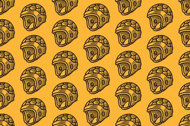 Ragbi miğferi desenli arka plan. Sarı arka planda vintage koruyucu dişli. Spor başlığı ana hatları tekstil baskıları, markalaşma ve spor temalı ürünler için motif duvar kağıdı.