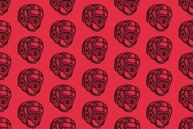 Kırmızı arka planda ragbi şapkası çizimi. Koruyucu başlıklı, dikişsiz duvar kağıdı. Tekstil baskıları, markalaşma ve spor temalı ürünler için klasik kask tekrarlama motifi arka planı.