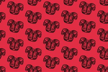 Esnek omuz yastığı deseni. Amerikan futbolu vatkası. Kusursuz desenli duvar kağıdı. spor temalı ürünler için rugby vücut koruması ana hatlarıyla kırmızı arkaplan.