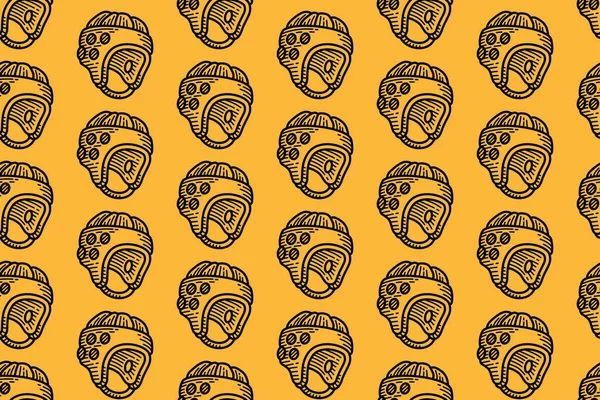 Sarı arka planda ragbi kaskı kusursuz desen. El çizimi spor kafa güvenliği geçmişi. Klasik koruyucu başlık eskiz motifi. Giyim, spor markalaşma ve baskı ürünleri için harika..