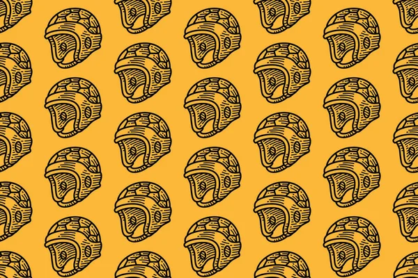 Ragbi miğferi desenli arka plan. Sarı arka planda vintage koruyucu dişli. Spor başlığı ana hatları tekstil baskıları, markalaşma ve spor temalı ürünler için motif duvar kağıdı.