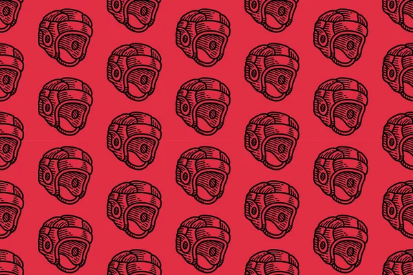 Kırmızı arka planda ragbi şapkası çizimi. Koruyucu başlıklı, dikişsiz duvar kağıdı. Tekstil baskıları, markalaşma ve spor temalı ürünler için klasik kask tekrarlama motifi arka planı.