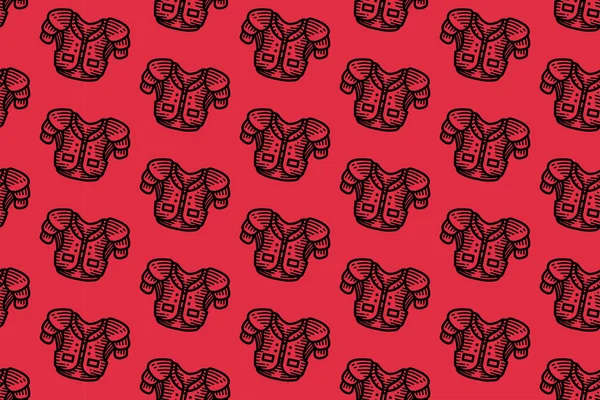 Esnek omuz yastığı deseni. Amerikan futbolu vatkası. Kusursuz desenli duvar kağıdı. spor temalı ürünler için rugby vücut koruması ana hatlarıyla kırmızı arkaplan.