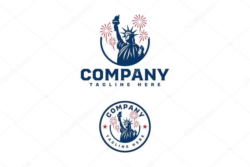 Patriotic logo featuring the Statue of Liberty with fireworks in a circular badge layout. Ideal for Independence Day branding, national campaigns, or American-themed promotions.