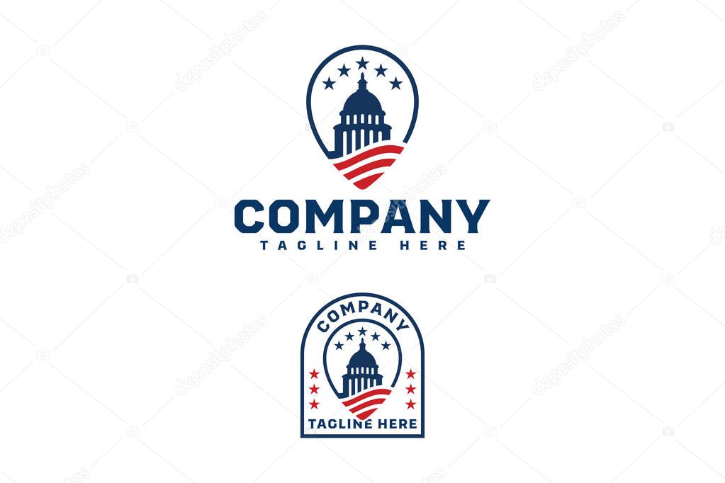 Logo design featuring the US Capitol dome with stars and flag stripes in a modern badge style. Ideal for political branding, civic organizations, or government-related use.