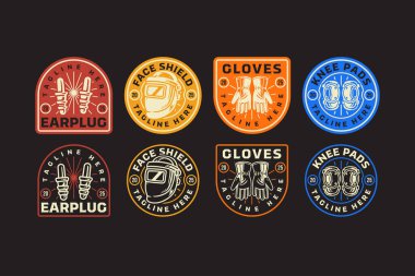 Kulak tıkaçları, yüz kalkanı, eldivenler ve dizlikler atölye, endüstriyel, fabrika, koruma donanımı, işyeri güvenliği, inşaat için hazırlandı. Vektör İllüstrasyonu