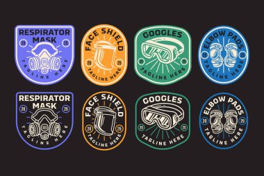 Solunum maskesi, Yüz kalkanı, Gözlük ve Dirsek pedleri iş güvenliği, inşaat, endüstriyel, güvenlik ekipmanları için retro rozet vektör tasarımı ayarlandı. Vektör İllüstrasyonu