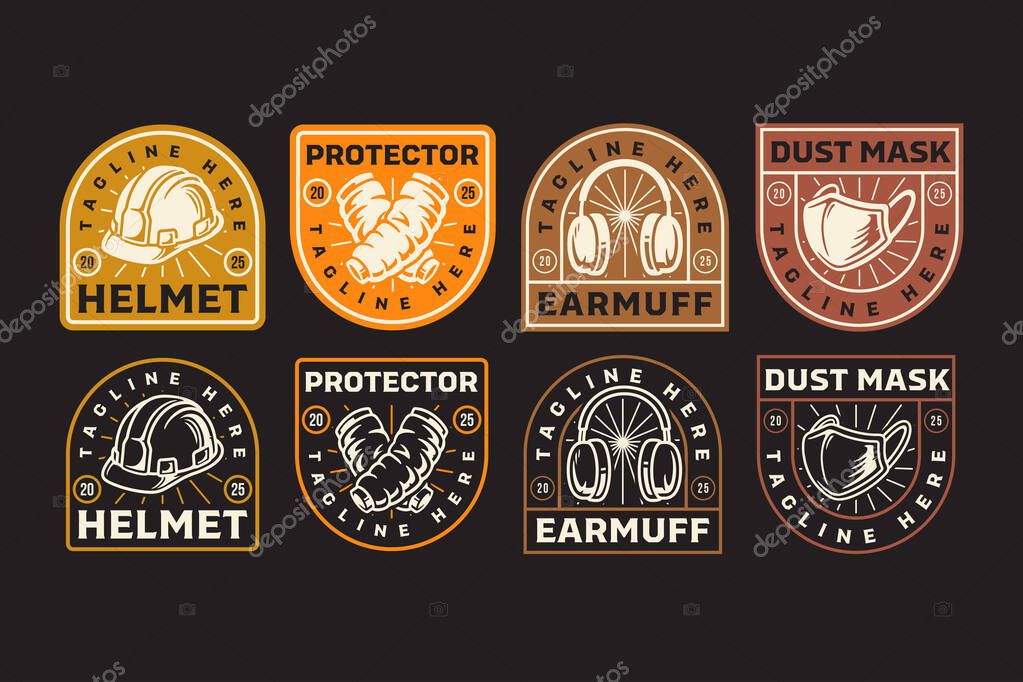 Safety helmet, Earmuffs, Arm protector and Dust mask retro badge logo design set for industrial, construction, workplace safety, workshop, garage, factory. Vector Illustration