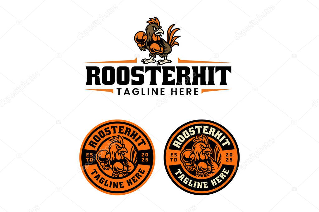 Rooster fighter mascot retro badge logo vector design set for boxing sport. Fighting cock vintage emblem logo graphic collections. Game fowl or poultry illustration label element designs