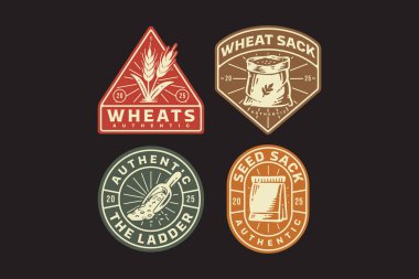 Buğday, tahıl çuvalı, tohum torbası, kepçe, malt retro rozet logosu koleksiyonu bira, hasat, kır çiftliği, tarım, organik ürünler. Vektör İllüstrasyonu