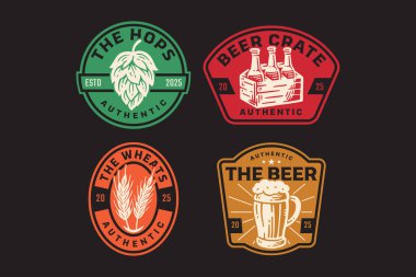 Zıpır, buğday, bira sandığı, bira kupası retro rozet logosu. İçki, bira fabrikası, bar, içecek, demleme, mahzen, bira fabrikası. Vektör İllüstrasyonu