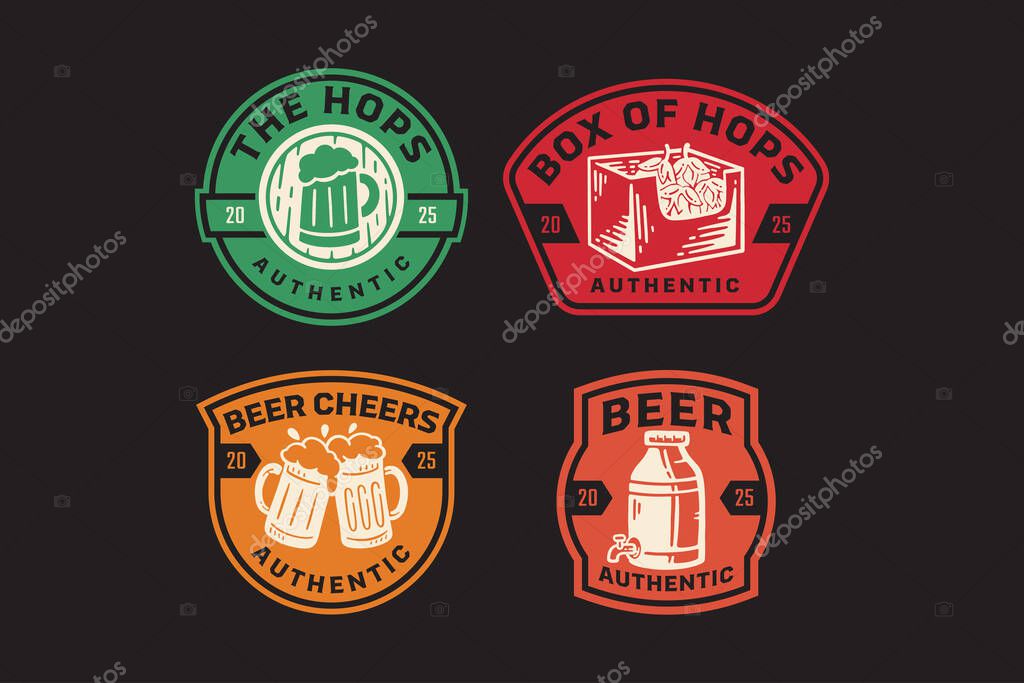Foamy beer mug, hops box, cheers mugs, craft beer keg retro badge logo design set for brewing factory, brewery industrial, pub, bar, cafes, beverage, restaurant. Vector Illustration