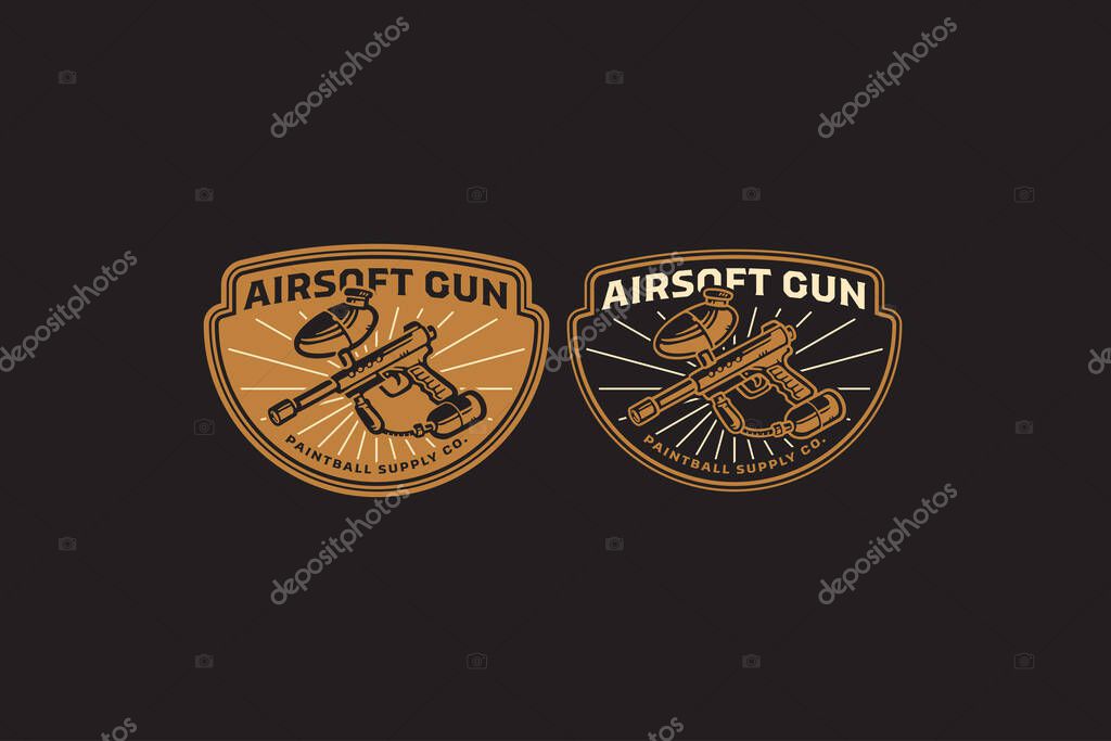 Paintball gun retro badge logo design set for extreme sport. Airsoft marker tactical vintage emblem logo graphic collection. Blaster sport, Tactical shooter, Game rifle. Vector illustration