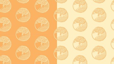 Taloyaki hattı, gıda ürünleri için turuncu barış arka planında kusursuz bir desen oluşturuyor. Ahtapot topu Asya çerezi kabartma desenli arka plan. Japon takoyaki, aşçılık için duvar kağıdı üretiyor.