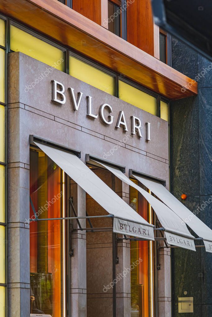 Bulgari luxury brand retail shop logo signboard on the storefront