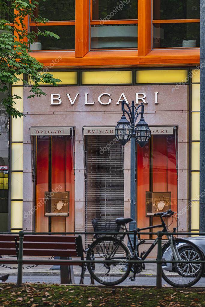 Bulgari luxury brand retail shop logo on the storefront on central shopping street of Dusseldorf, Koenigsallee