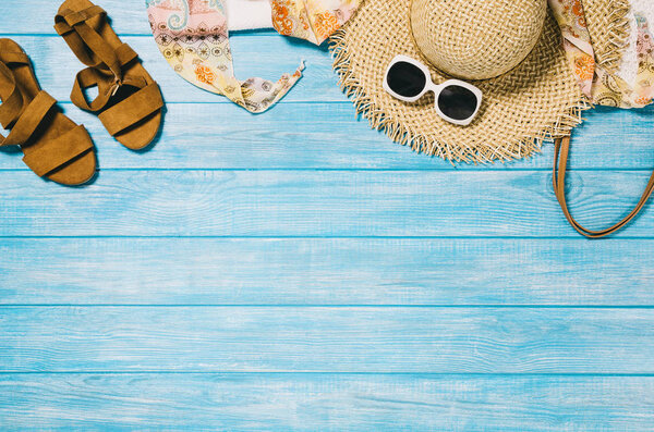 Top view beach and marine planks. Background with copy space