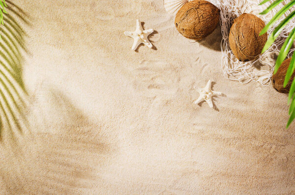 Sandy beach background top view. Sand texture with copy space