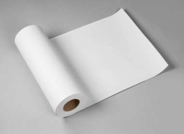 Boş beyaz kağıt ruloları gri arka planda yalıtılmış mockup