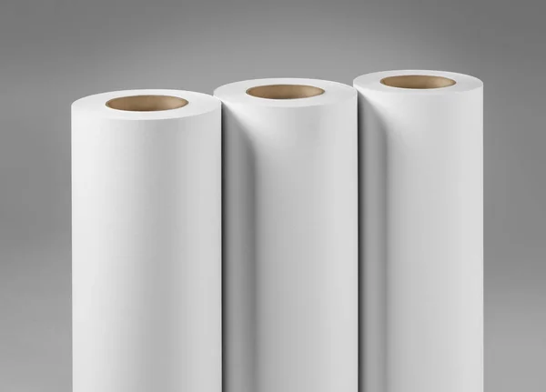 Blank white paper rolls mockup isolated on gray background