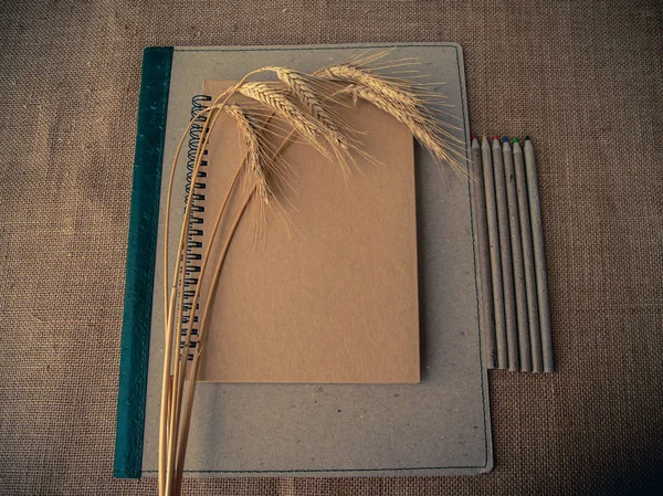 Vintage style. Organized desk with binder, closed notebook, pencils, dry grass and burlap background