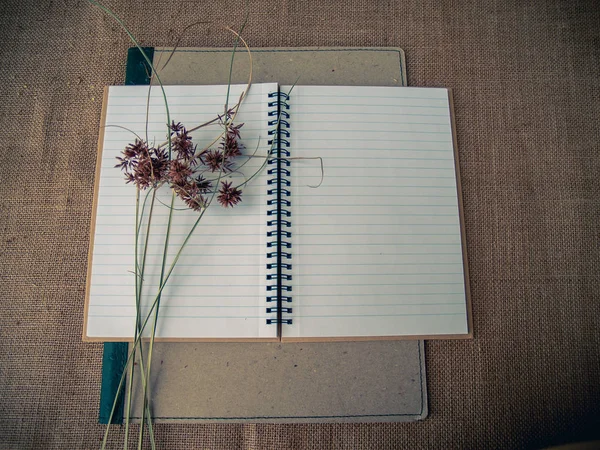 ビンテージ スタイルです バインダー ノートブックを開く 乾いた草 黄麻布背景と机が整理されて — ストック写真