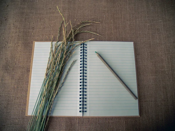 Vintage style. Organized desk with open notebook, pencil, dry grass and burlap background