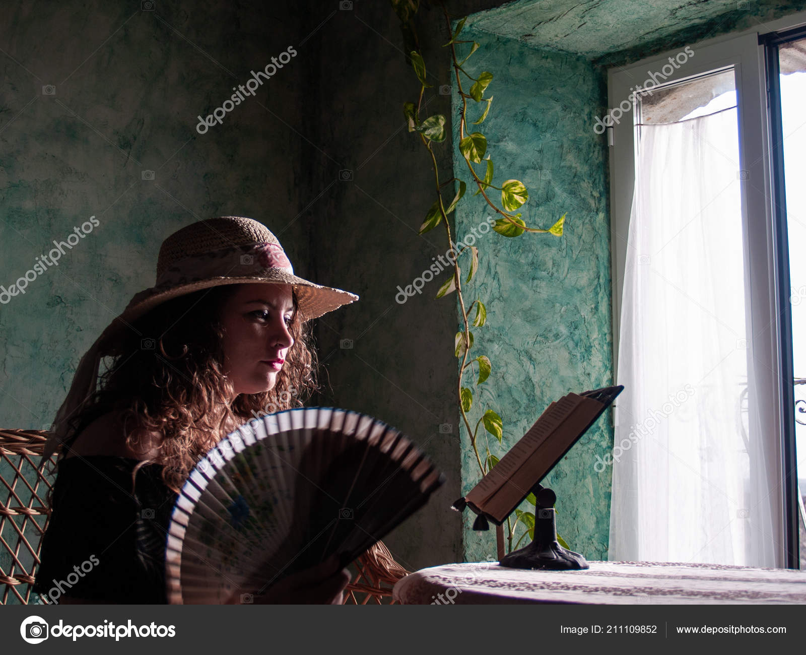 Portrait Young Woman Curly Hair Wearing Straw Hat Natural Light