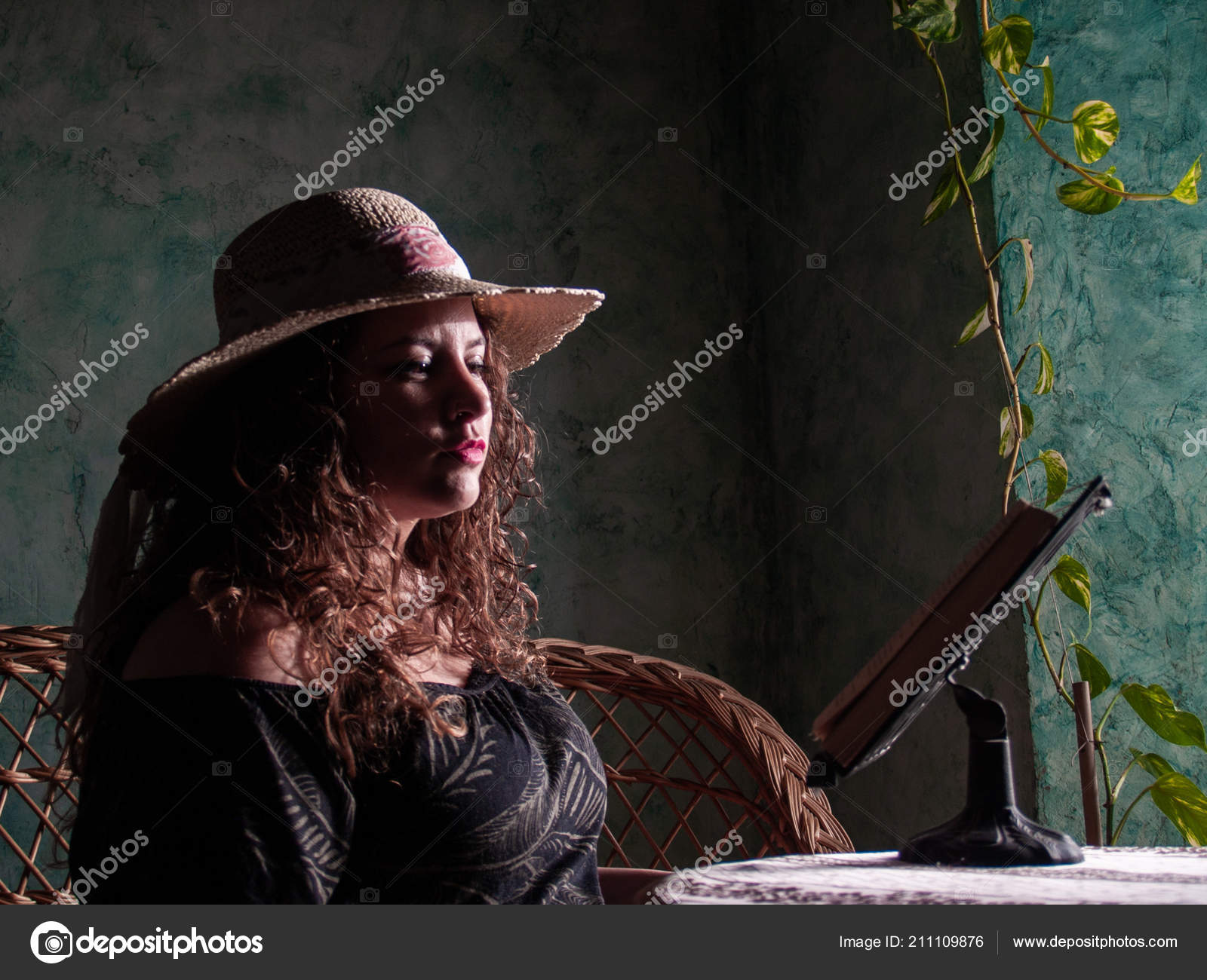 Portrait Young Woman Curly Hair Wearing Straw Hat Natural Light