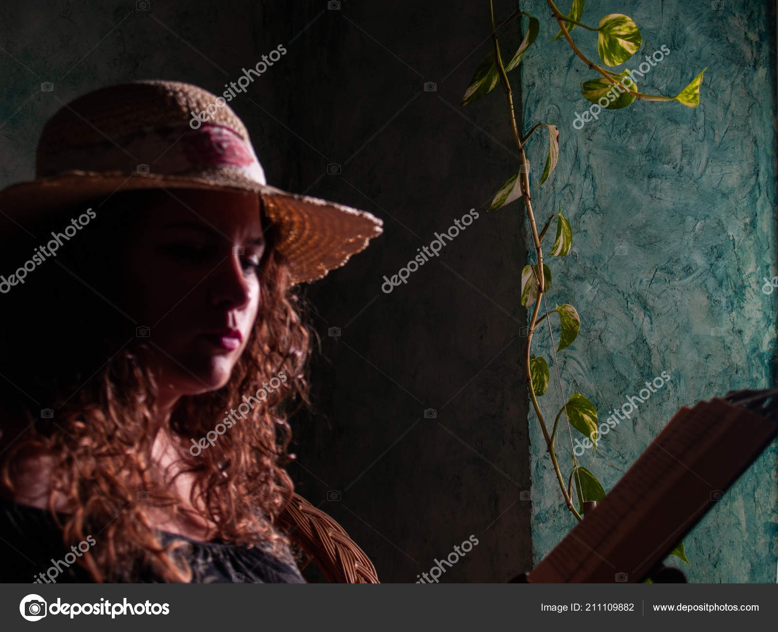 Portrait Young Woman Curly Hair Wearing Straw Hat Natural Light