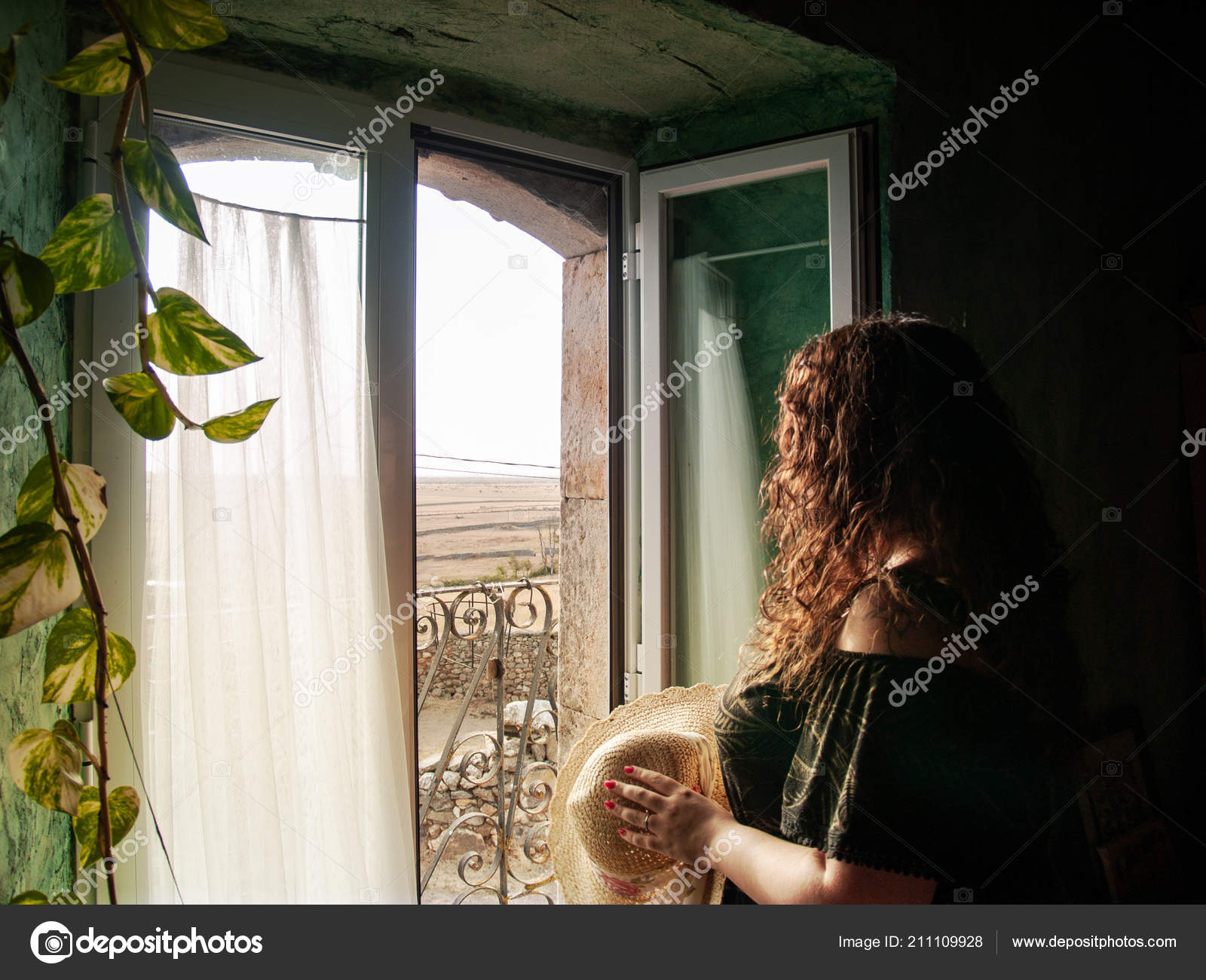 Portrait Young Woman Curly Hair Wearing Straw Hat Natural Light