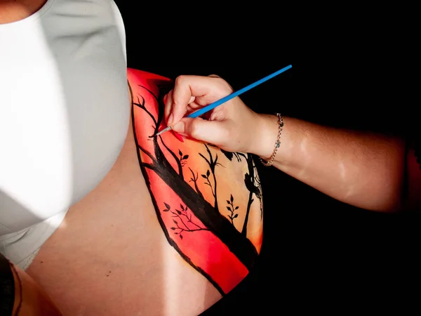Artystka Brzuch Ciąży Młoda Kobieta Ciała Farby Pędzle Malowania — Zdjęcie stockowe