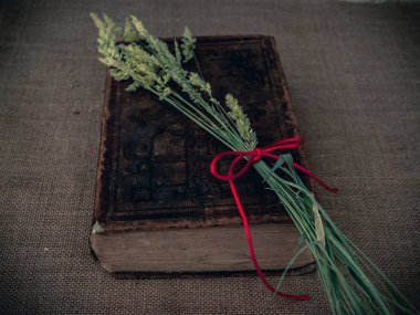 Vintage tarzı. Kuru ot antika kitap ve çuval bezi arka plan ile kırmızı iplik kapalı