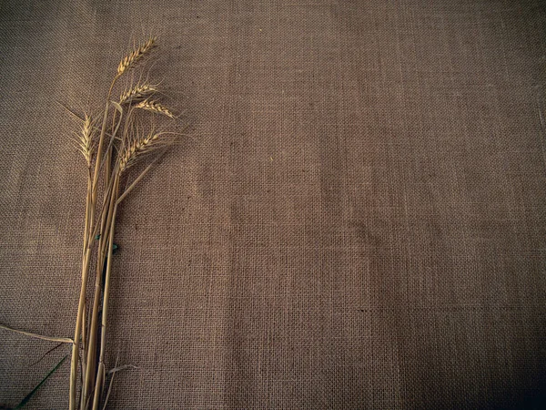 ビンテージ スタイルです 黄麻布の背景を持つ乾燥小麦 — ストック写真