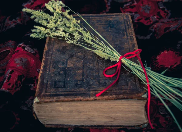 复古风格 用干燥的草和红色螺纹的闭合的古色古香的书与花背景 — 图库照片