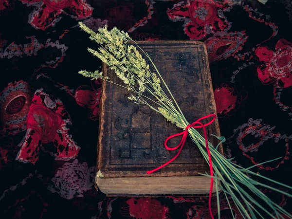 复古风格 用干燥的草和红色螺纹的闭合的古色古香的书与花背景 — 图库照片