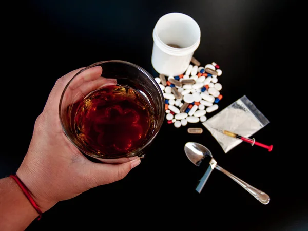 One Person Glass Whiskey Hand Pills Different Sizes Shapes Colors — Stock Photo, Image