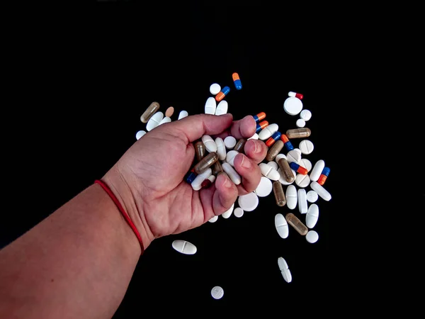 Person Holding Pills Different Sizes Shapes Colors His Hand Health — Stock Photo, Image