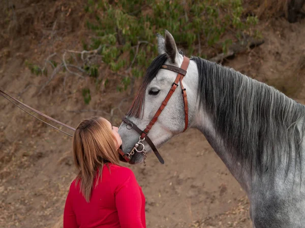 Eine Blonde Junge Frau Streichelt Ein Pferd Auf Einem Bauernhof — Stockfoto