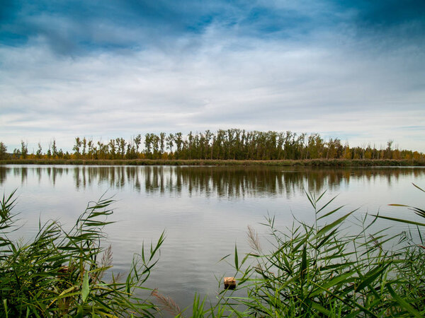 Landscape of a river with calm water in autumn and reflection of the trees in the water