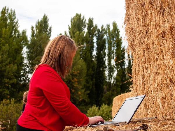 An entrepreneur young woman working outdoor on a farm with a laptop over a hay bale