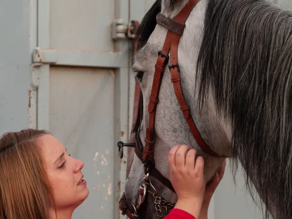 Eine Blonde Junge Frau Streichelt Ein Pferd Auf Einem Bauernhof — Stockfoto