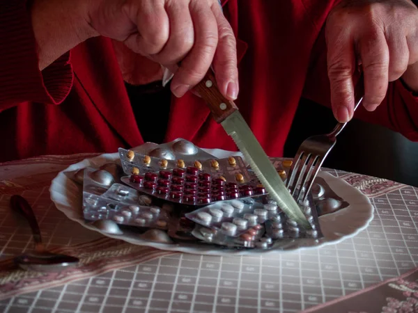 Concept Medicine Health Care Person Cutting Several Tablets Pills His — Stock Photo, Image