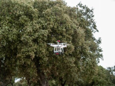 Bir dron bulutlu gökyüzü ve ağaçlar yakınındaki ormanda uçan hareket